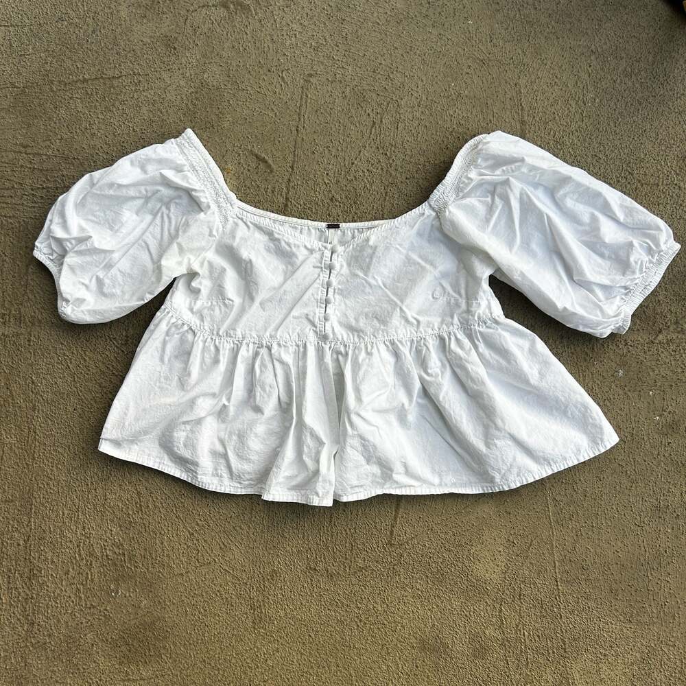 Free People White Cotton Puff Sleeve Peplum Blouse